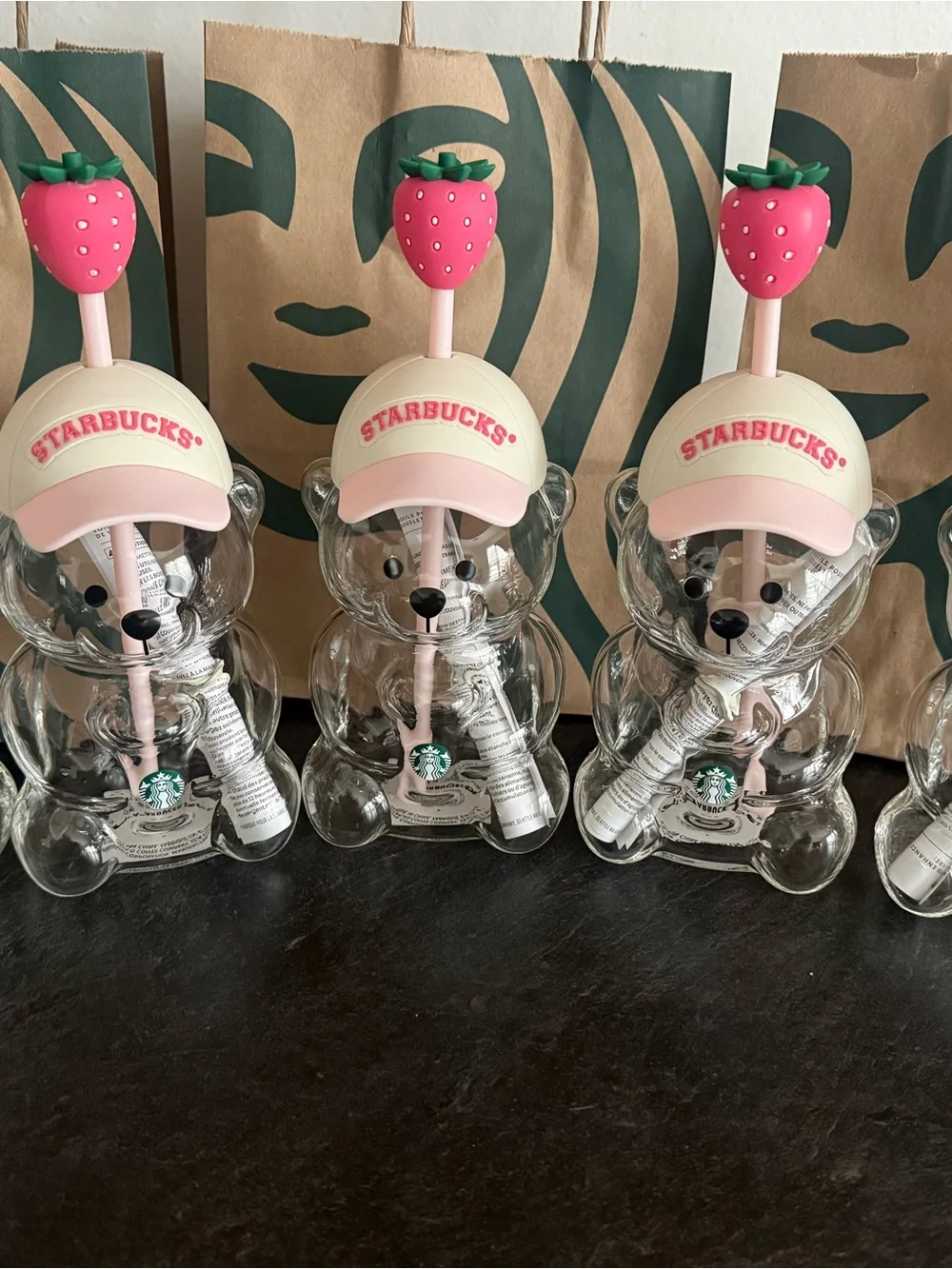 Starbucks Clear Bear Bottle with Pink Strawberry Topper and Cream Cap